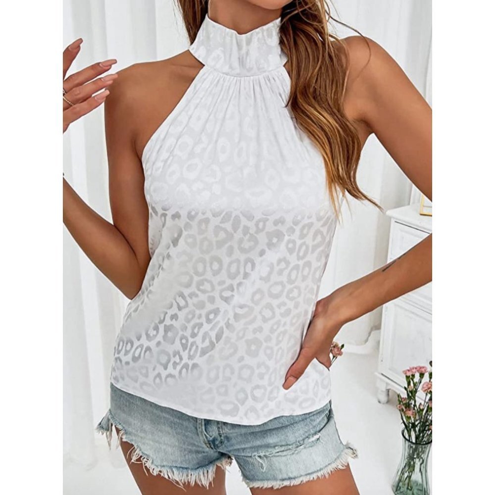 White Satin‎ Cheetah Print High Neck Halter Sleeveless Keyhole Tank Top